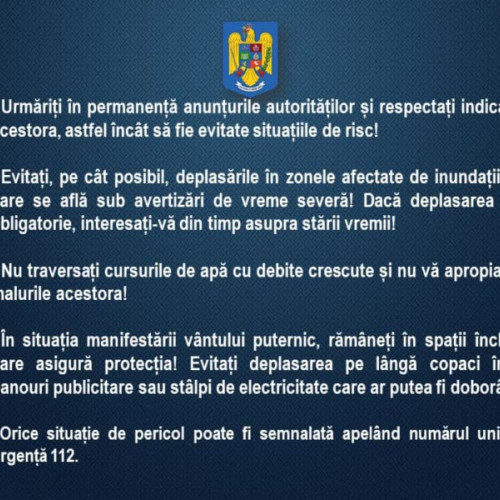 Cetățenii sunt sfătuiți să respecte avertizările autorităților în timpul vremii severe